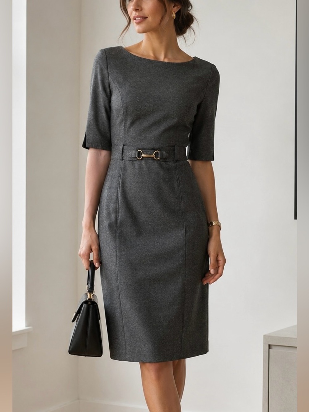 Banana Republic Charcoal Gray Belted Sheath Midi Dress Workwear Office Chic | 6